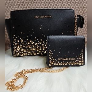 Gorgeous Black & Gold Studded MK Handbag SET